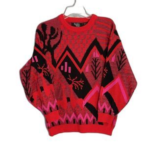 Rainbow Ridge Red Pink Black Acrylic Sweater Women's M - VINTAGE